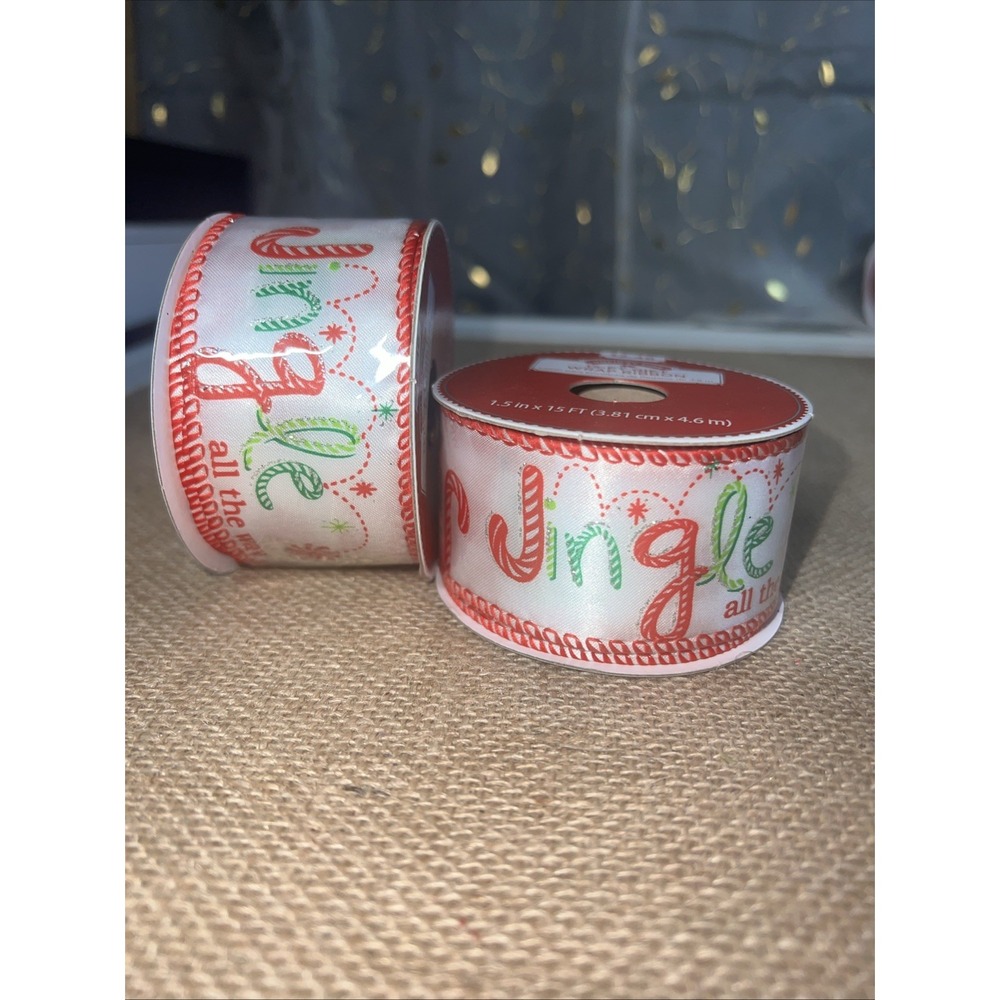Holiday Time Christmas Ribbon 2 Rolls 1.5" x 15' Wire Edged Jingle Peppermint